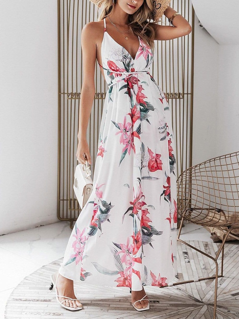 Floral Print Backless Wrap Split Slip Dress