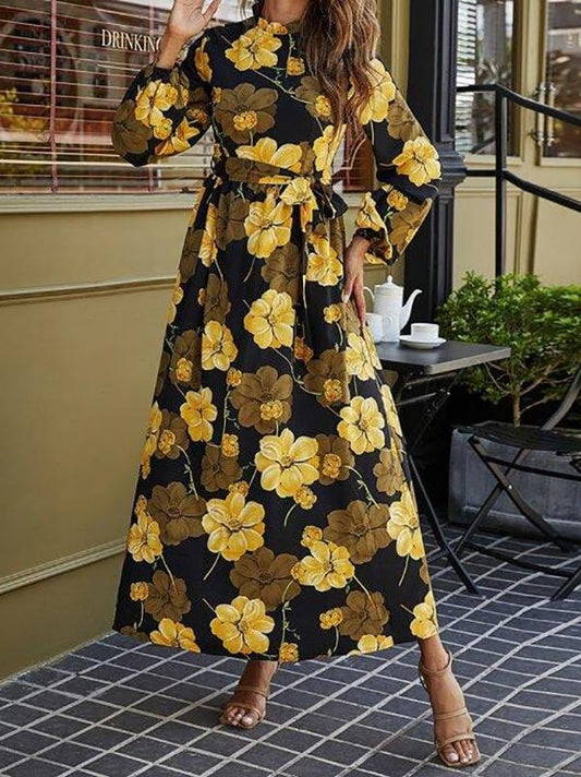 Floral Print Belted Maxi Dress 1DRE210429001YELS S / Yellow