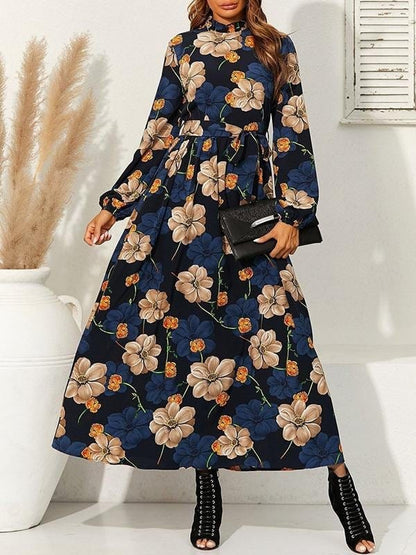 Floral Print Belted Maxi Dress 1DRE210429001BLUS S / Blue