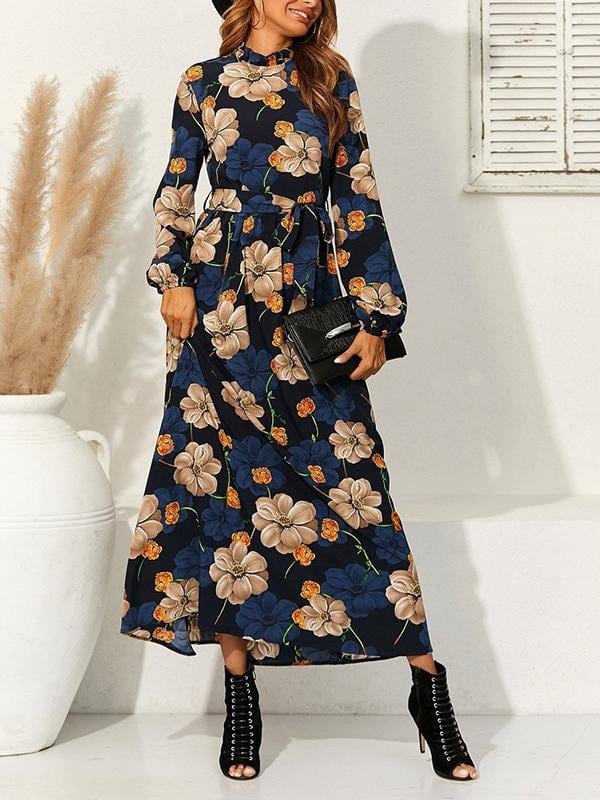 Floral Print Belted Maxi Dress