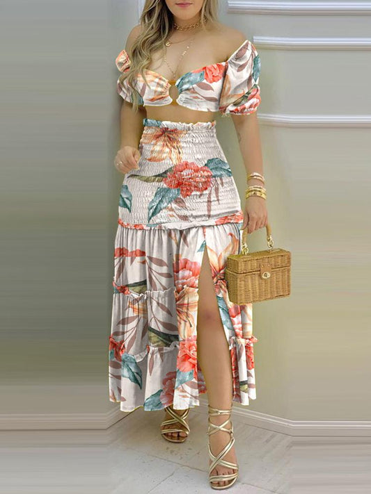 Floral Print Crop Top & Frill Hem Shirred Slit Maxi Skirt Set DRE210428108MULS Multicolor / S