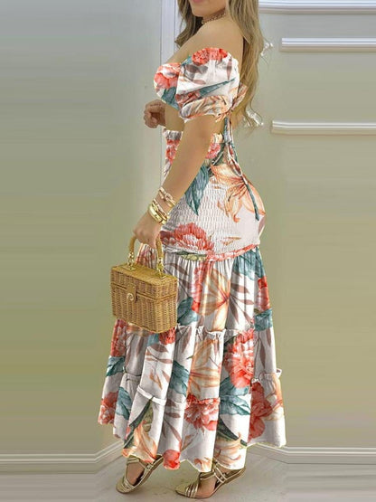 Floral Print Crop Top & Frill Hem Shirred Slit Maxi Skirt Set