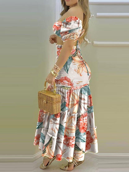 Floral Print Crop Top & Frill Hem Shirred Slit Maxi Skirt Set for Women