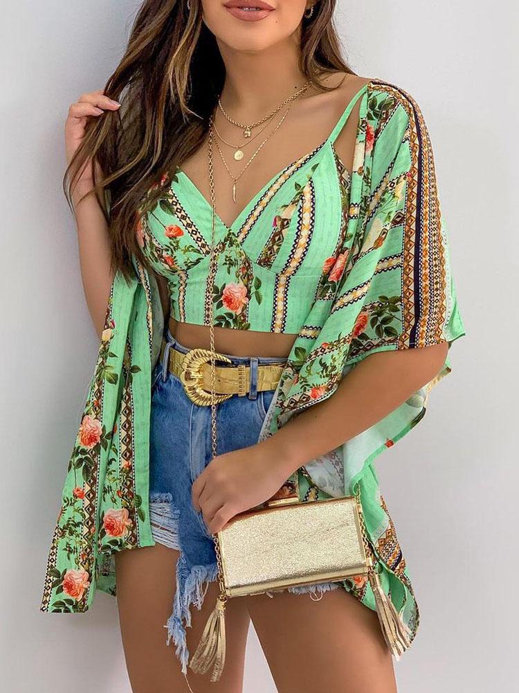 Floral Print Crop Top & Ruffles Cover Up Set TAN210428019GRES Green / S