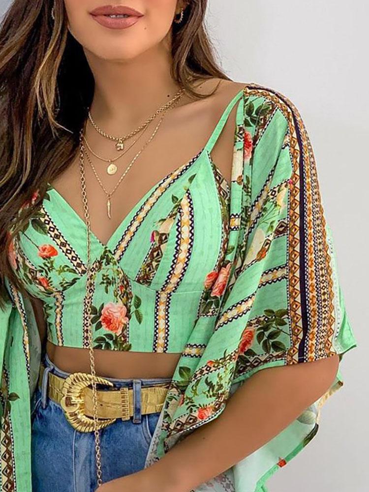 Floral Print Crop Top & Ruffles Cover Up Set