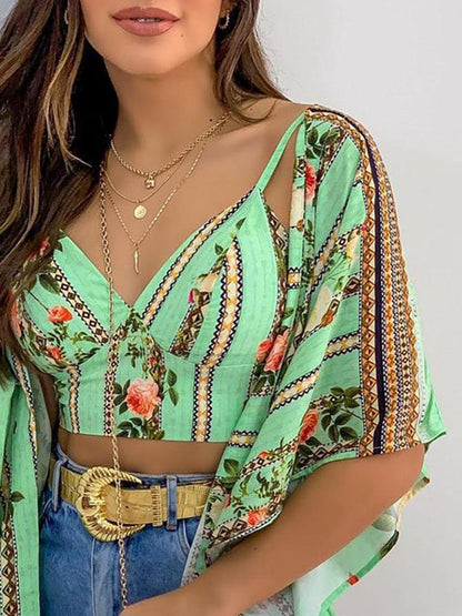 Floral Print Crop Top & Ruffles Cover Up Set