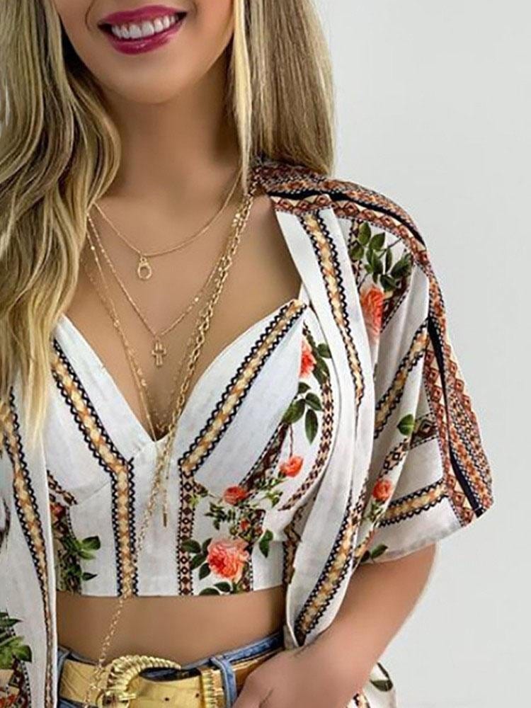 Floral Print Crop Top & Ruffles Cover Up Set