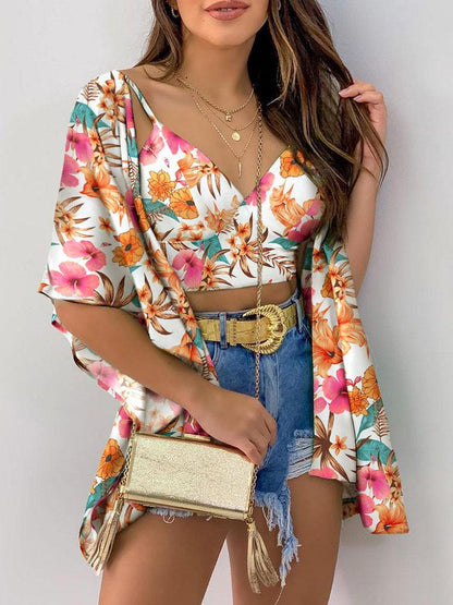 Floral Print Crop Top & Ruffles Cover Up Set TAN210428019MULS Multicolor / S