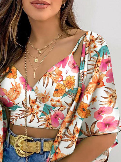 Floral Print Crop Top & Ruffles Cover Up Set