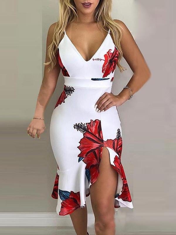 Floral Print Deep V-Neck Irregular Dress DRE2106291390WHIS White / S