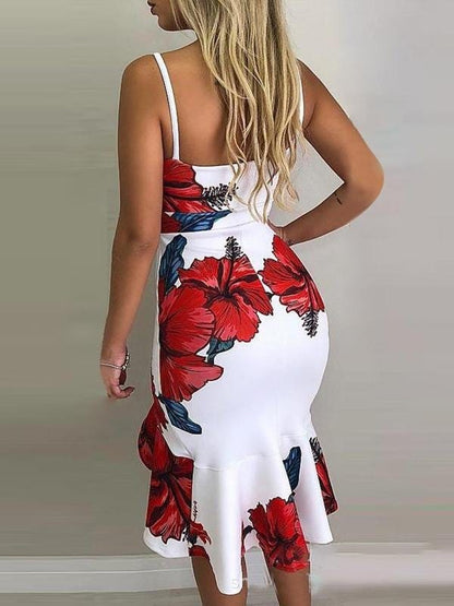 Floral Print Deep V-Neck Irregular Dress