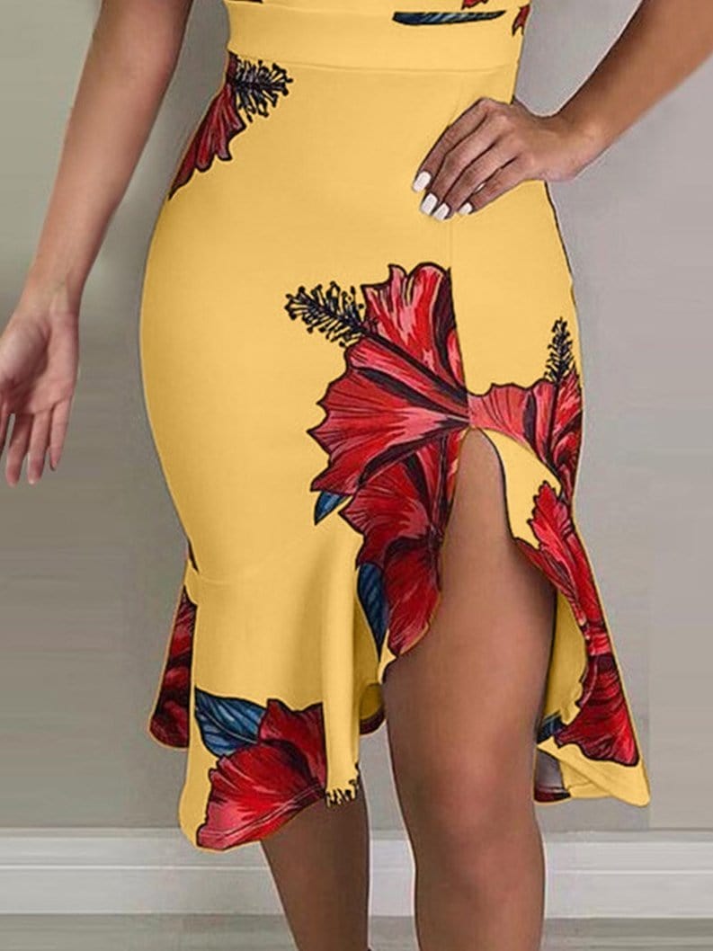 Floral Print Deep V-Neck Irregular Dress