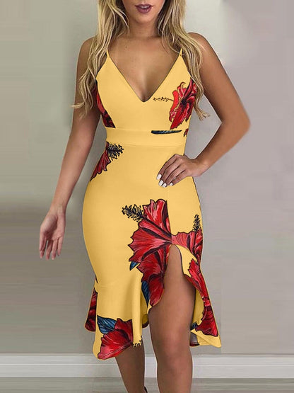 Floral Print Deep V-Neck Irregular Dress DRE2106291390YELS Yellow / S