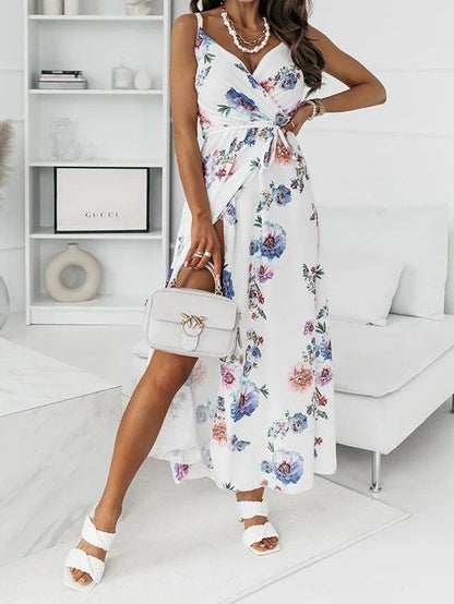 Floral Print Deep V-neck Sleeveless Belt Slit Dress DRE2107091795BLUS Blue / S