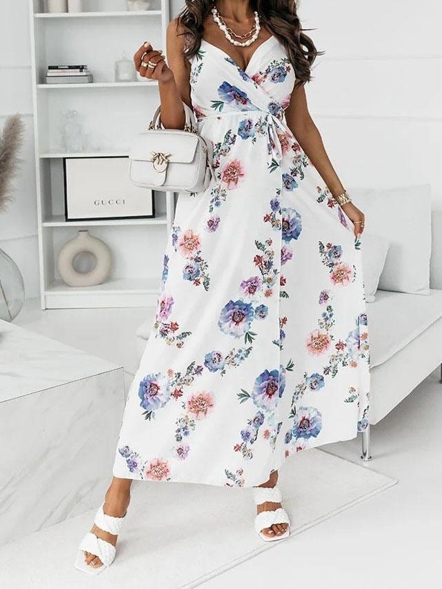 Floral Print Deep V-neck Sleeveless Belt Slit Dress