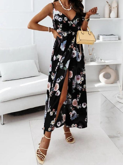 Floral Print Deep V-neck Sleeveless Belt Slit Dress DRE2107091795BLAS Black / S