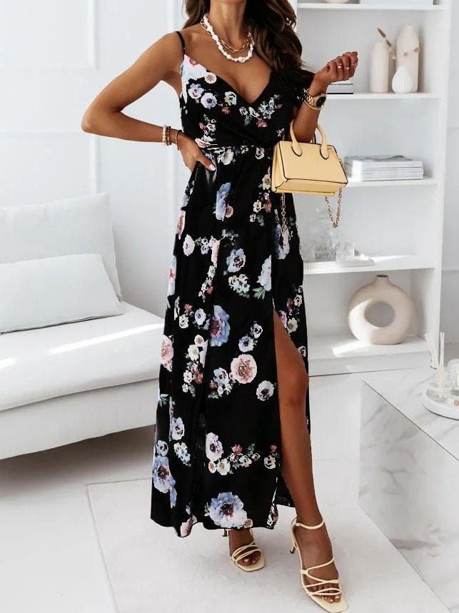 Floral Print Deep V-neck Sleeveless Belt Slit Dress