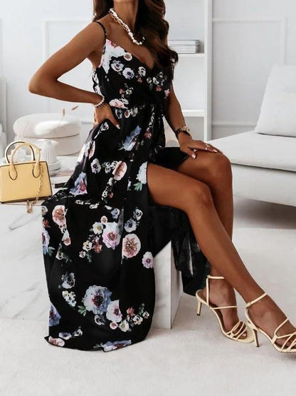 Floral Print Deep V-neck Sleeveless Belt Slit Dress