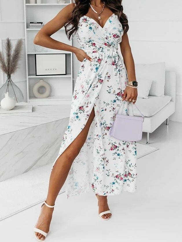 Floral Print Deep V-neck Sleeveless Belt Slit Dress DRE2107091795WHIS White / S