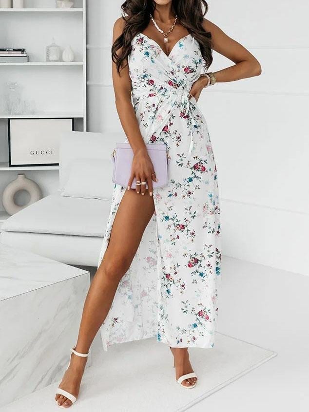 Floral Print Deep V-neck Sleeveless Belt Slit Dress