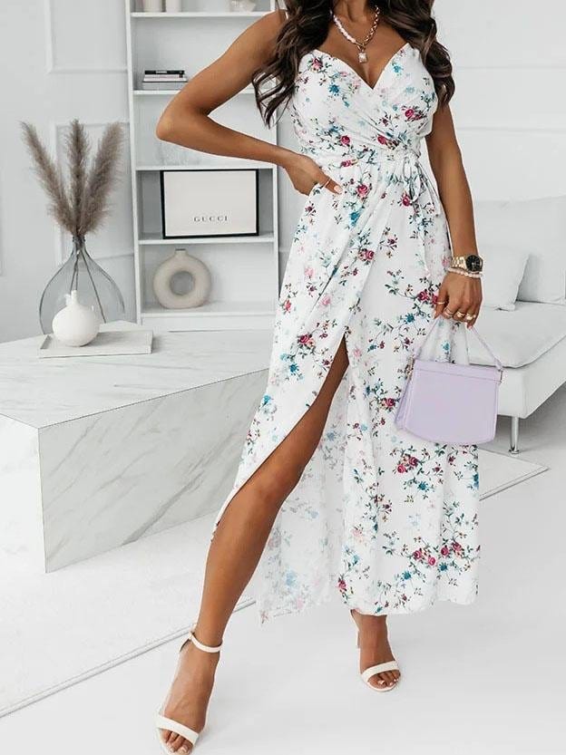 Floral Print Deep V-neck Sleeveless Belt Slit Dress