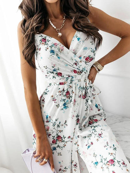 Floral Print Deep V-neck Sleeveless Belt Slit Dress