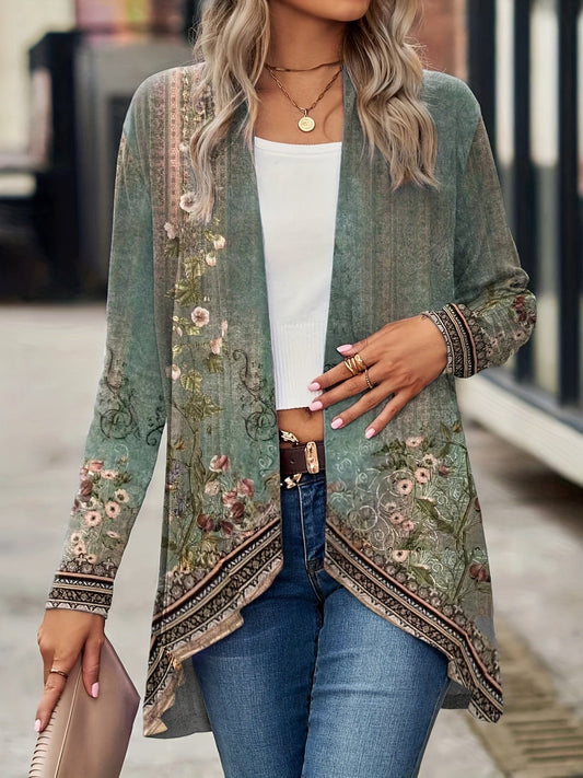 Floral Print Dipped Hem Open Front Long Sleeve Casual Cardigan CAR231012017GRNS(4) Green / S(4)