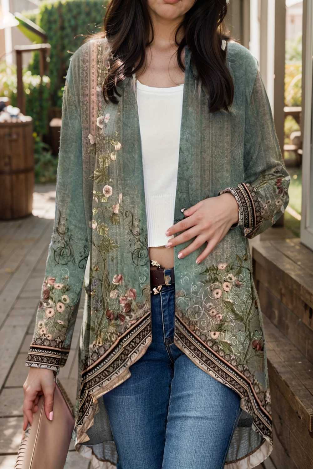 floral print dipped hem open front long sleeve casual cardigan 120972