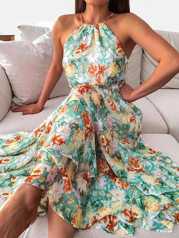 Floral Print Halter Sleeveless Dress DRE2106180684GRES Green / S