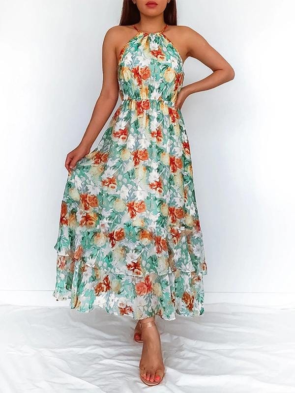 Floral Print Halter Sleeveless Dress