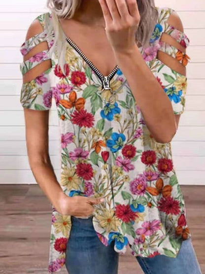 Floral Print Hollow V-neck Zipper T-shirts TSH2106090269FLOS Floral / S