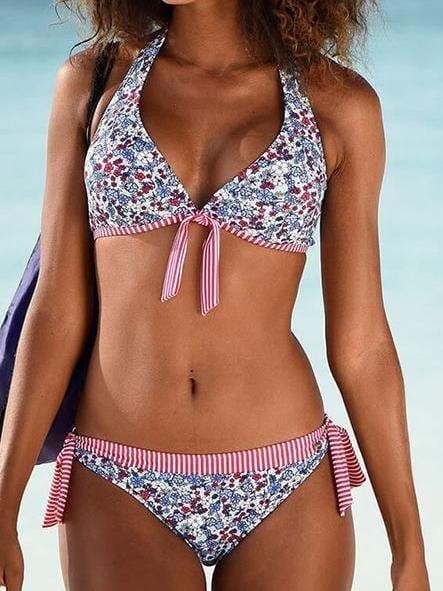Floral Print Knotted Halter Bikini Two-piece Swimsuit SWI210414203BLUS Multicolor / S