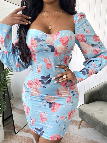 Floral Print Lantern Sleeve Bodycon Dress