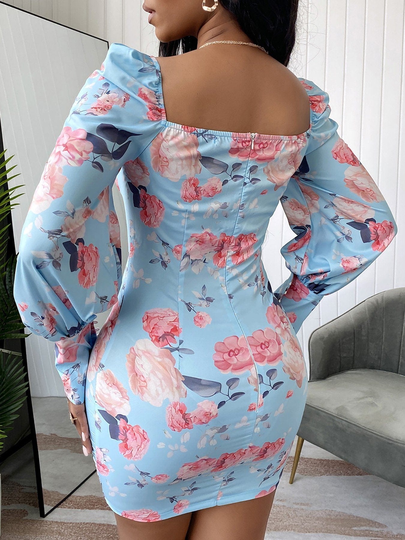 Floral Print Lantern Sleeve Bodycon Dress