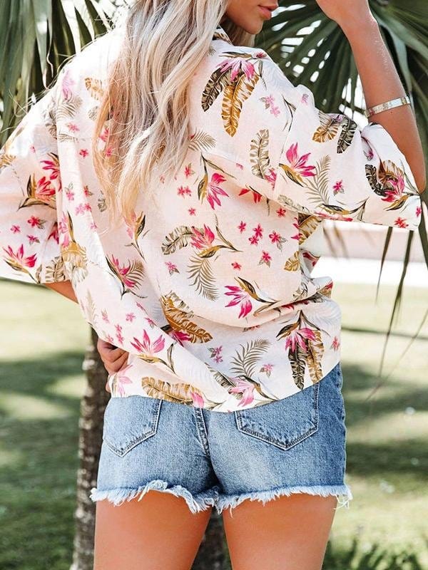 Floral Print Lapel Mid-sleeve Pocket Blouse