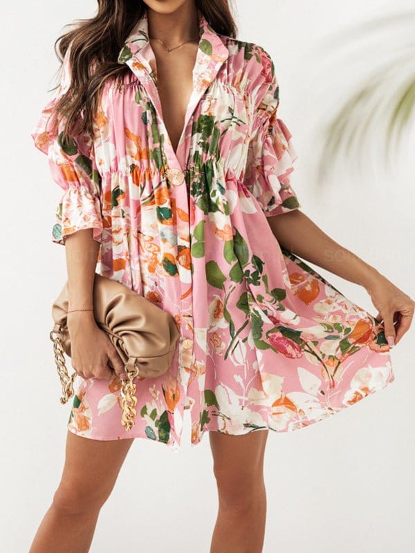 Floral Print Layered Sleeve Mini Dress DRE2212165669PINS Pink / S