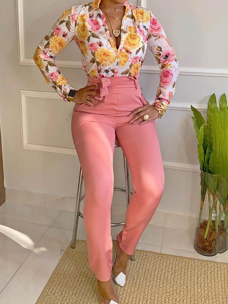 Floral Print Long Sleeve Shirt & Pants Set SET210504051S Pink / S