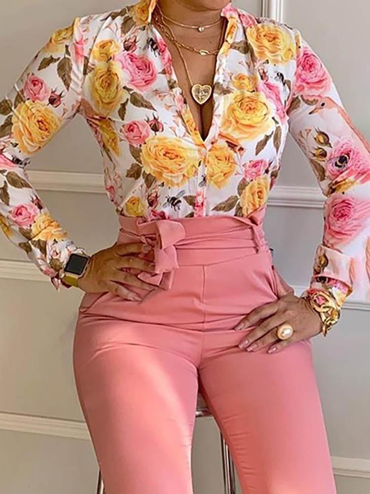 Floral Print Long Sleeve Shirt & Pants Set