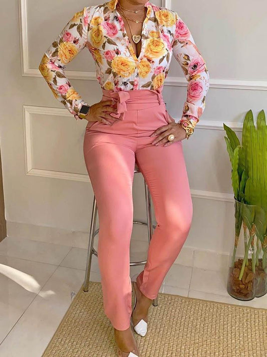 Floral Print Long Sleeve Shirt & Pants Set for Women SET210504051S Pink / S