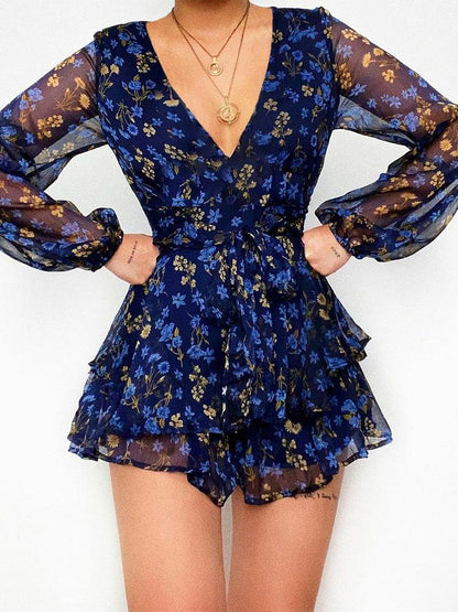 Floral Print Long Sleeve Strappy Rompers