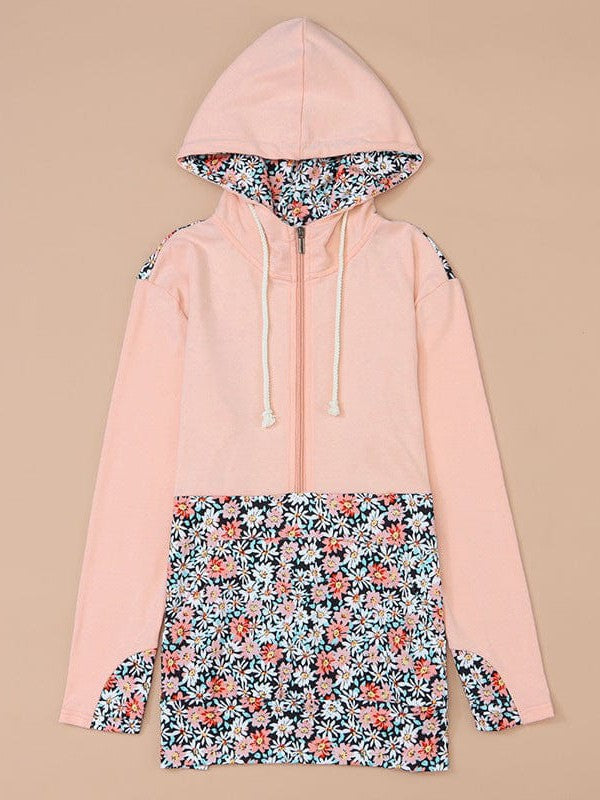 Floral Print Loose Fit Half Zip Hooded Sweatshirt for Women