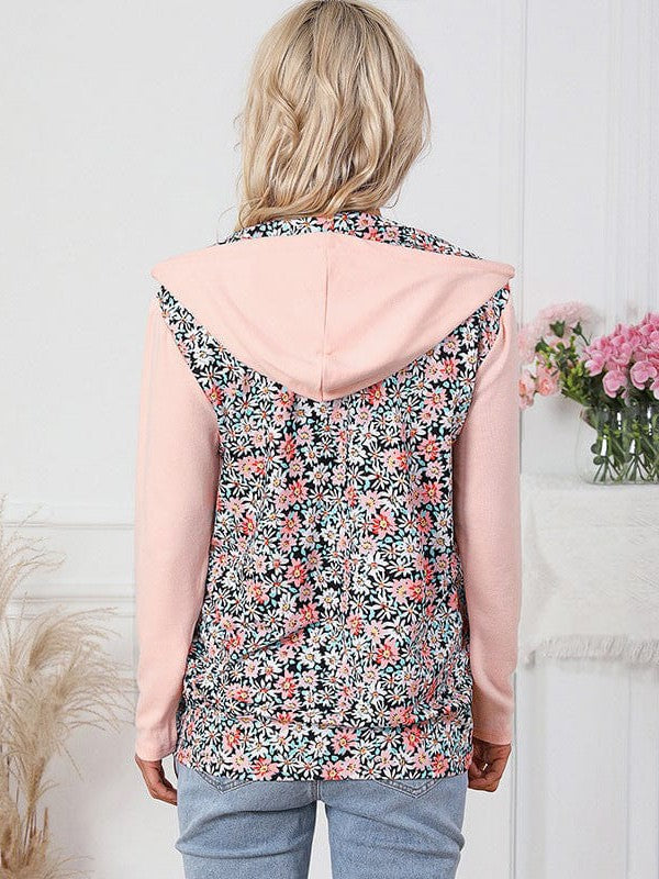 Floral Print Loose Fit Half Zip Hooded Sweatshirt for Women