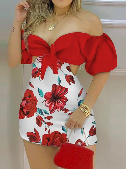 Floral Print Off Shoulder Knotted Puff Sleeve Skorts Romper PAN210504095S Red / S
