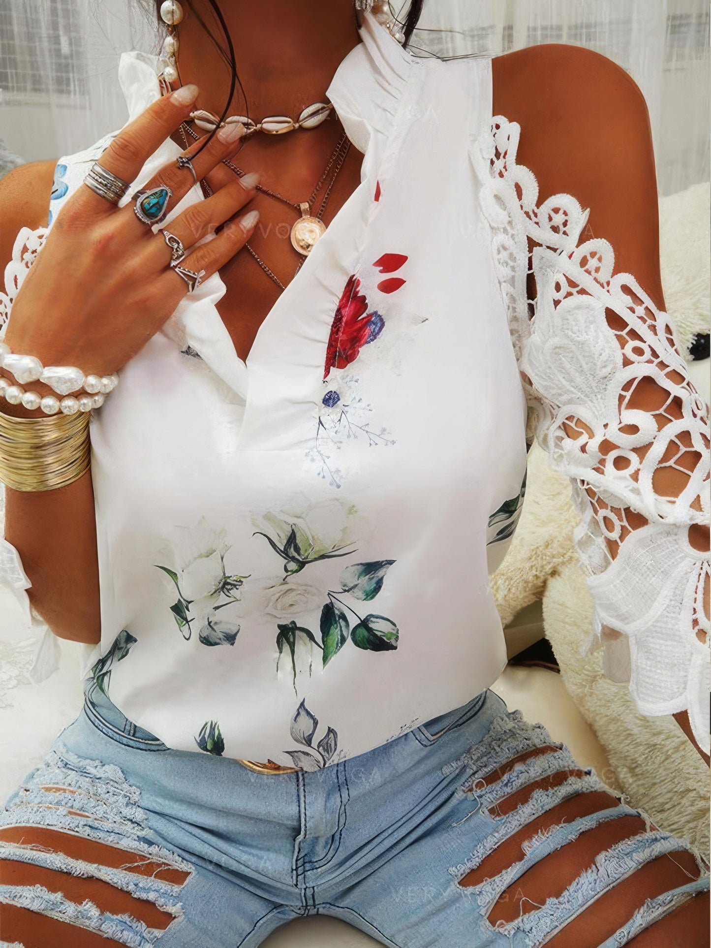 Floral Print Off-Shoulder Lace Stitching Long Sleeves Blouses BLO2107021142WHIS White / 2 (S)