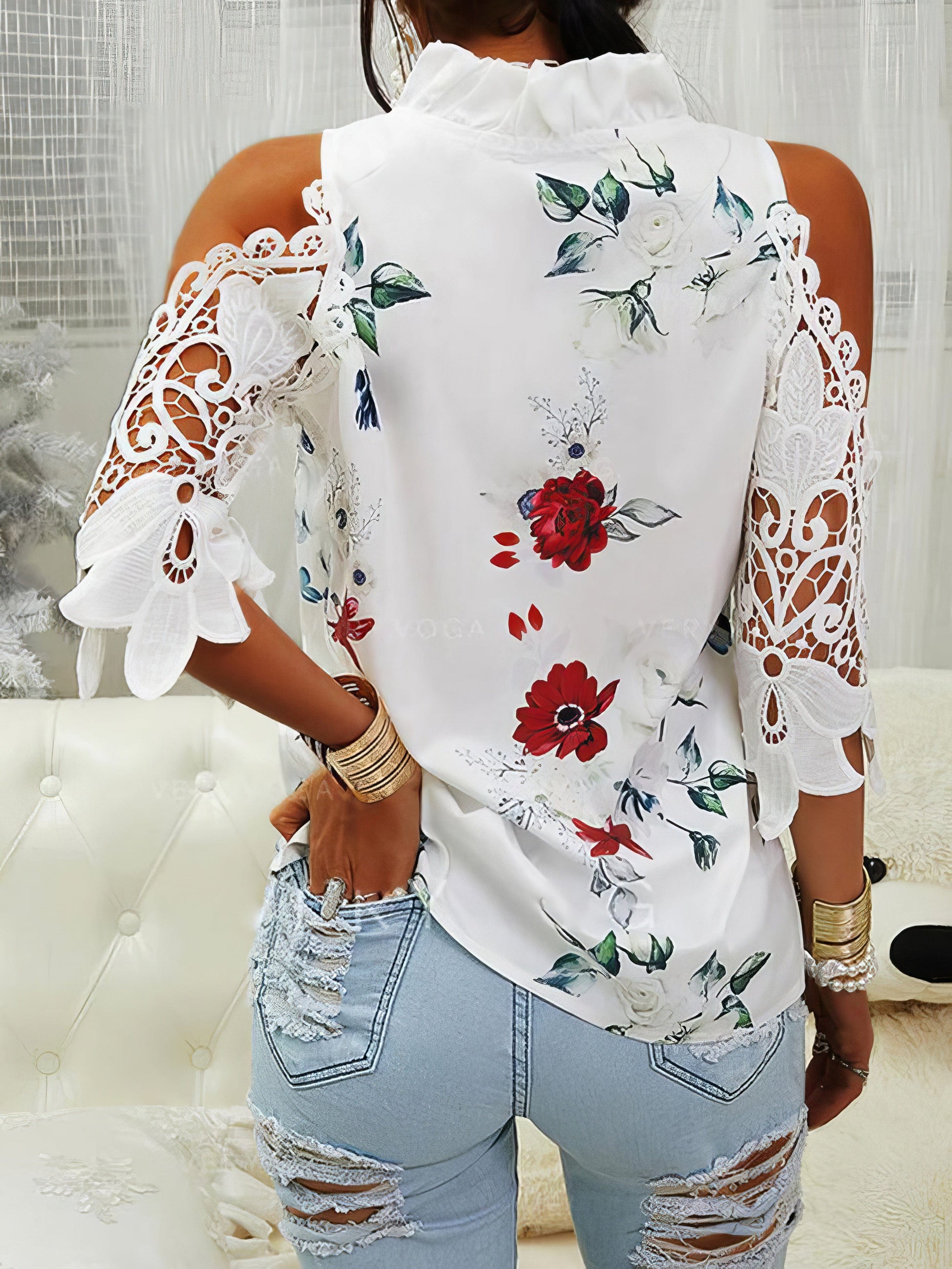 Floral Print Off-Shoulder Lace Stitching Long Sleeves Blouses