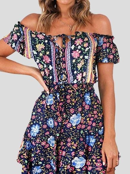 Floral Print Off Shoulder Strapless Dress DRE2107172042NAVS Navy_Blue / S