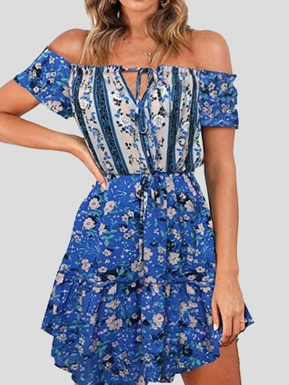 Floral Print Off Shoulder Strapless Dress DRE2107172042BLUS Blue / S