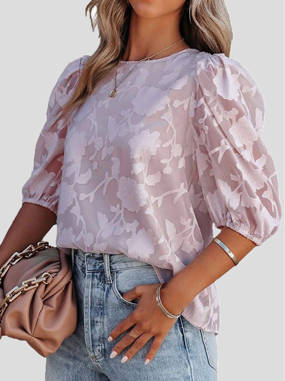 Floral Print Puff Half Sleeves Blouse