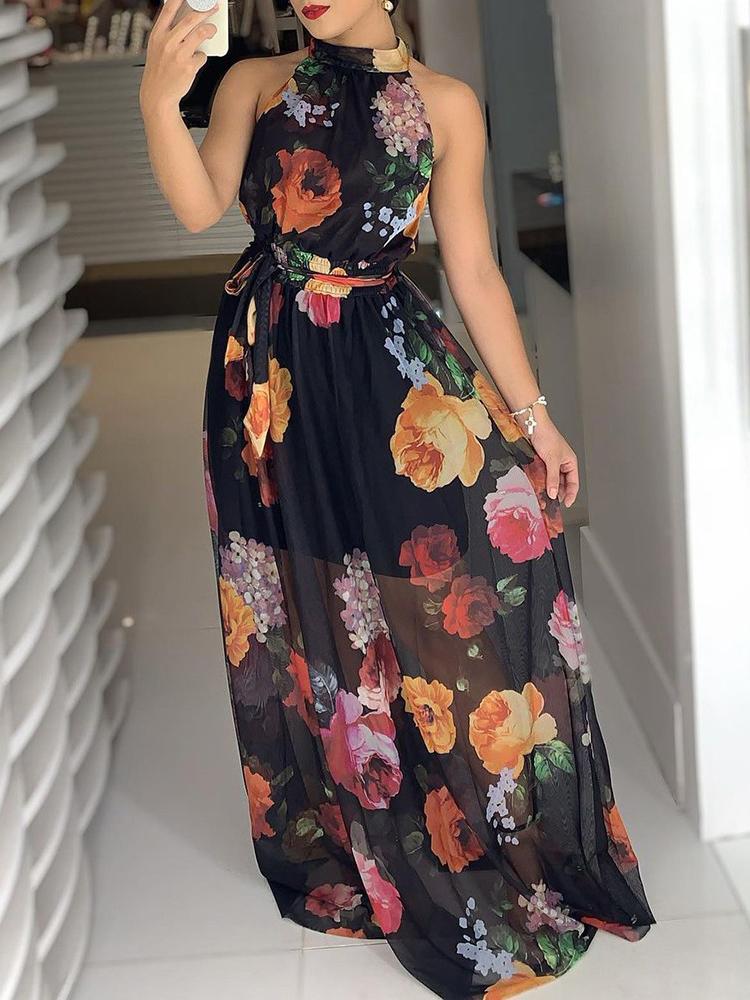 Floral Print Round Neck Maxi Dress for Women