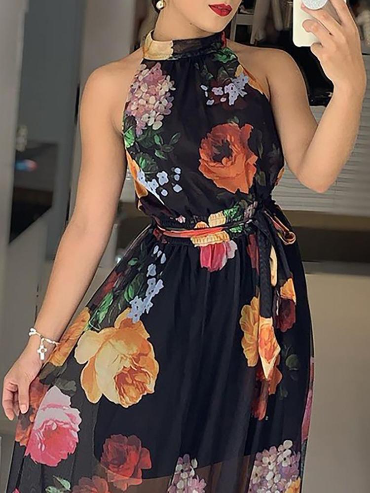 Floral Print Round Neck Maxi Dress for Women